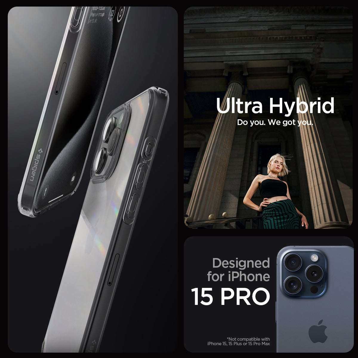 ACS07213 - iPhone 15 Pro Case Ultra Hybrid in Space Crystal showing the compatibility only with iPhone 15 Pro. Not compatible with iPhone 15, 15 Plus or 15 Pro Max