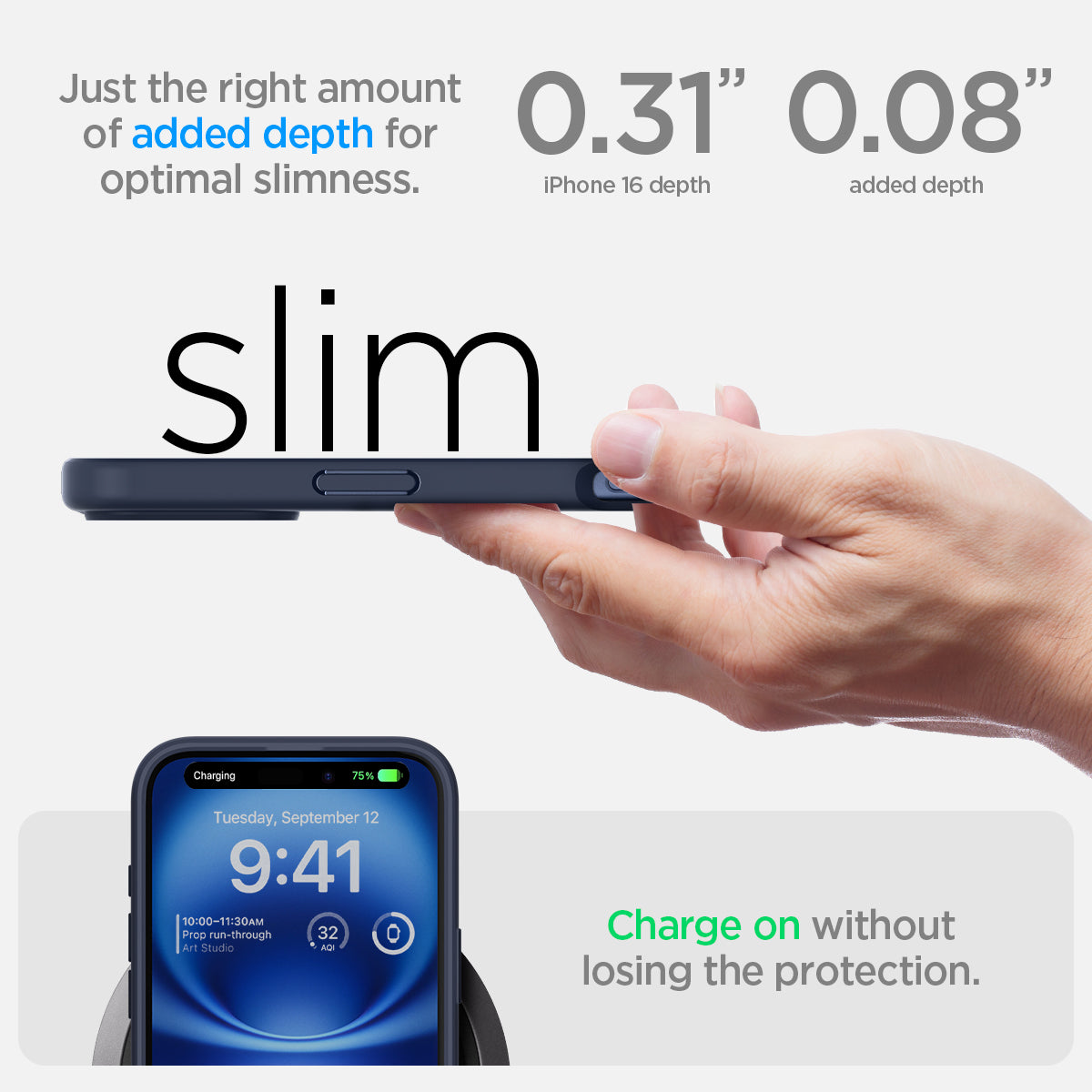 ACS08202 - iPhone 16 Case Ultra Hybrid in Navy Blue  just the right amount of added depth for optimal slimness. 0.31" iPhone 16 depth, 0.08" added depth. charge on without losing the protection.