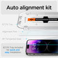 AGL05202 - iPhone 14 Pro Max Screen Protector EZ FIT GLAS.tR (Sensor Protection) showing auto alignment kit. EZ fit tray, alignment film 9H tempered glass. EZ fit tray included for quick and easy installation