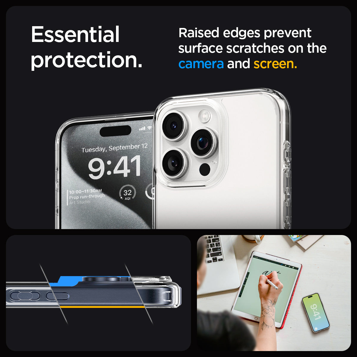 ACS06565 - iPhone 15 Pro Max Case Ultra Hybrid in crystal clear showing the essential protection. Raised edges prevent surface scratches on the camera