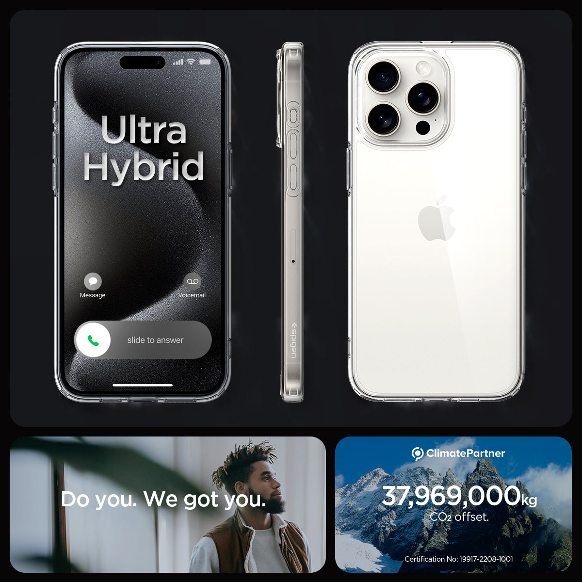 ACS06565 - iPhone 15 Pro Max Case Ultra Hybrid in crystal clear showing the different angles