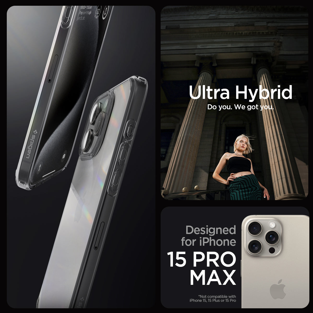 ACS06575 - iPhone 15 Pro Max Case Ultra Hybrid in space crystal showing the compatibility only with iPhone 15 Pro Max. Not compatible with iPhone 15, 15 Plus or 15 Pro