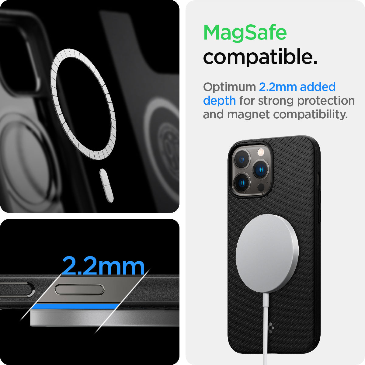 ACS03281 - iPhone 13 Pro Case Mag Armor in black showing the magsafe compatible. Optimum 2.2mm added depth for strong protection and magnet compatibility