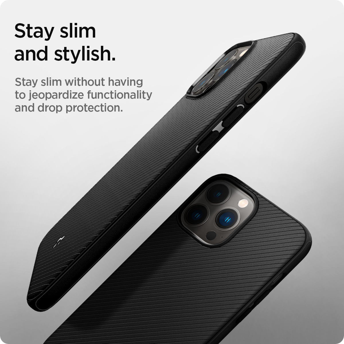 ACS03281 - iPhone 13 Pro Case Mag Armor in black showing staying slim without having to jeopardize functionality and drop protection