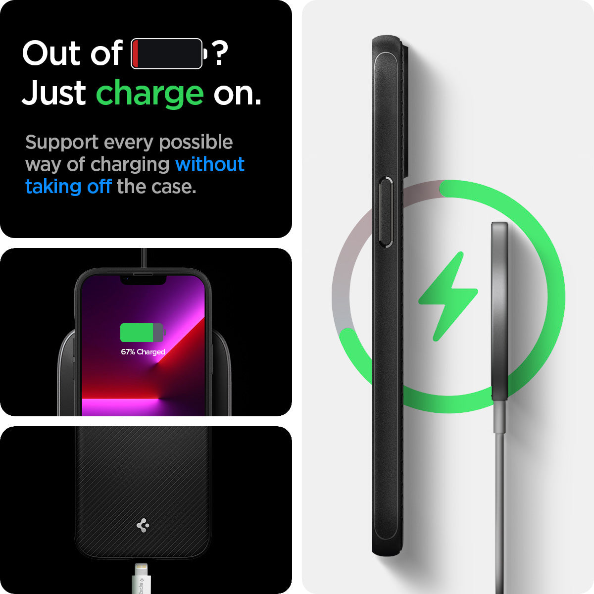 ACS03226 - iPhone 13 Pro Max Case Mag Armor in black showing supporting every possible way of charging without taking off the case