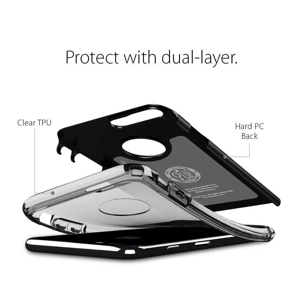 043CS20850 - iPhone 7 Plus Case Hybrid Armor in Black showing the back of hard layer hovering in front of a soft clear tpu and a device. Protect with dual-layer. Clear TPU and Hard PC Back