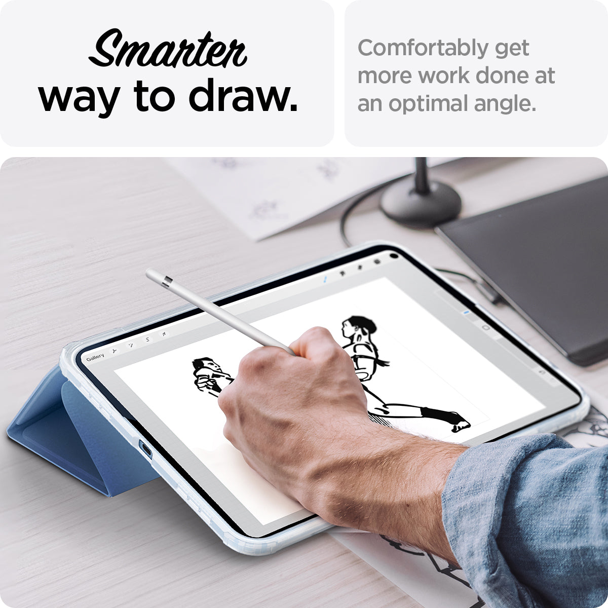 ACS05940 - iPad 10.9" Case Ultra Hybrid Pro in cornflower blue showing the smarter way to draw. Comfortable get more work done at an optimal angle