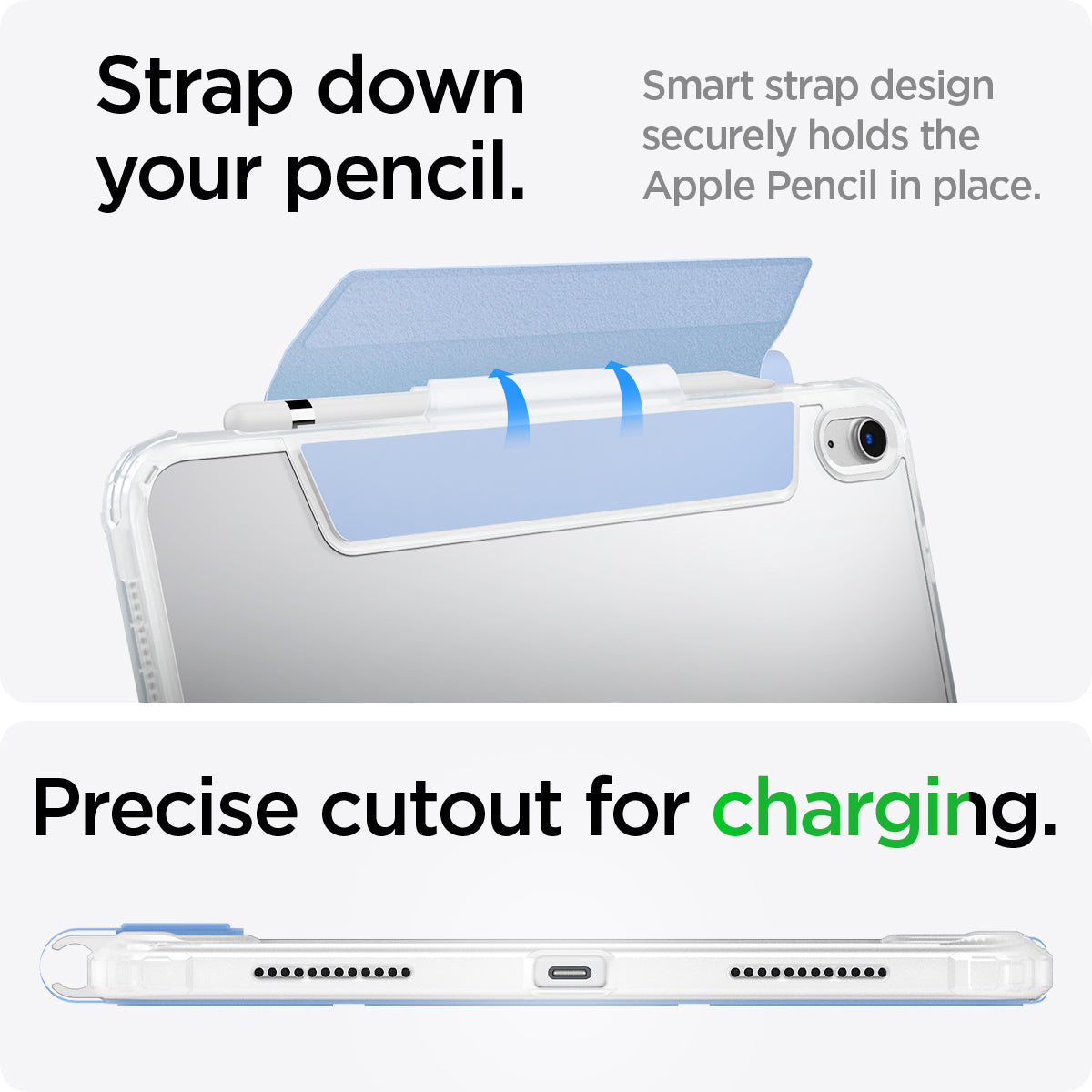 ACS05940 - iPad 10.9" Case Ultra Hybrid Pro in cornflower blue showing the strap down your pencil. Smart strap design securely holds the Apple Pencil in place. Precise cutout for charging
