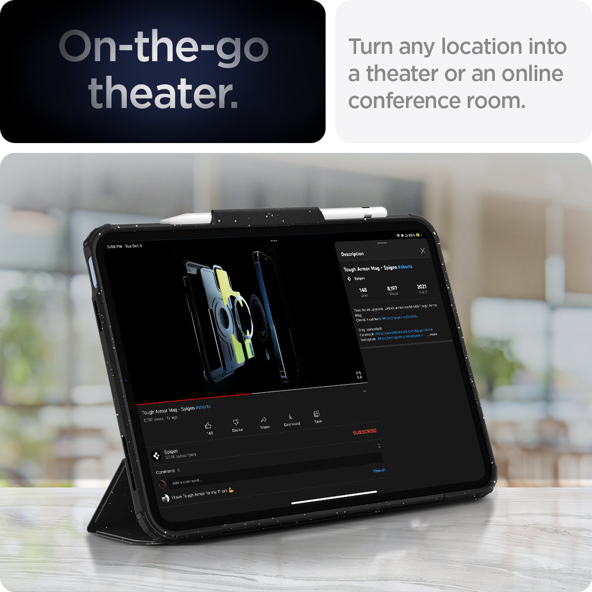 ACS05941 - iPad 10.9" Case Ultra Hybrid Pro in speckled black showing the on-the-go theater. Turn any location into a theater or an online conference room