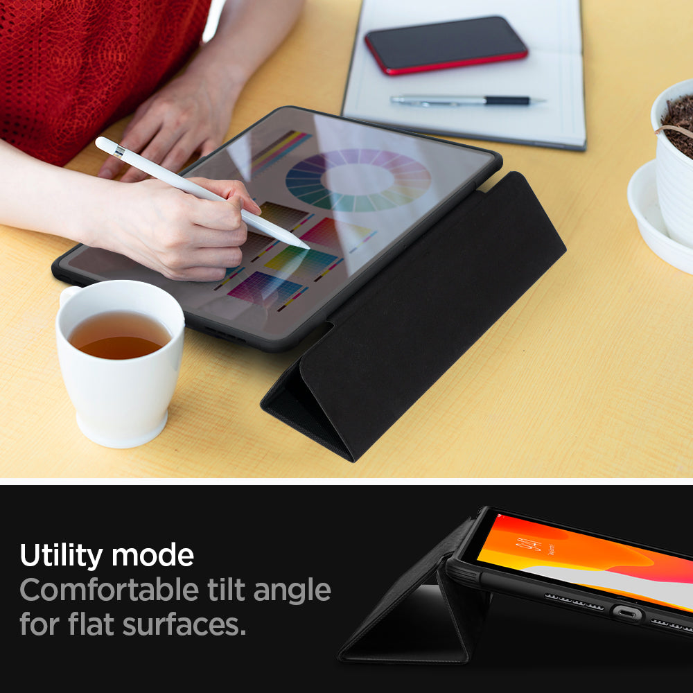 ACS01216 - iPad 10.2" Case Rugged Armor Pro in black showing the utility mode. Comfortable tilt angle for flat surfaces