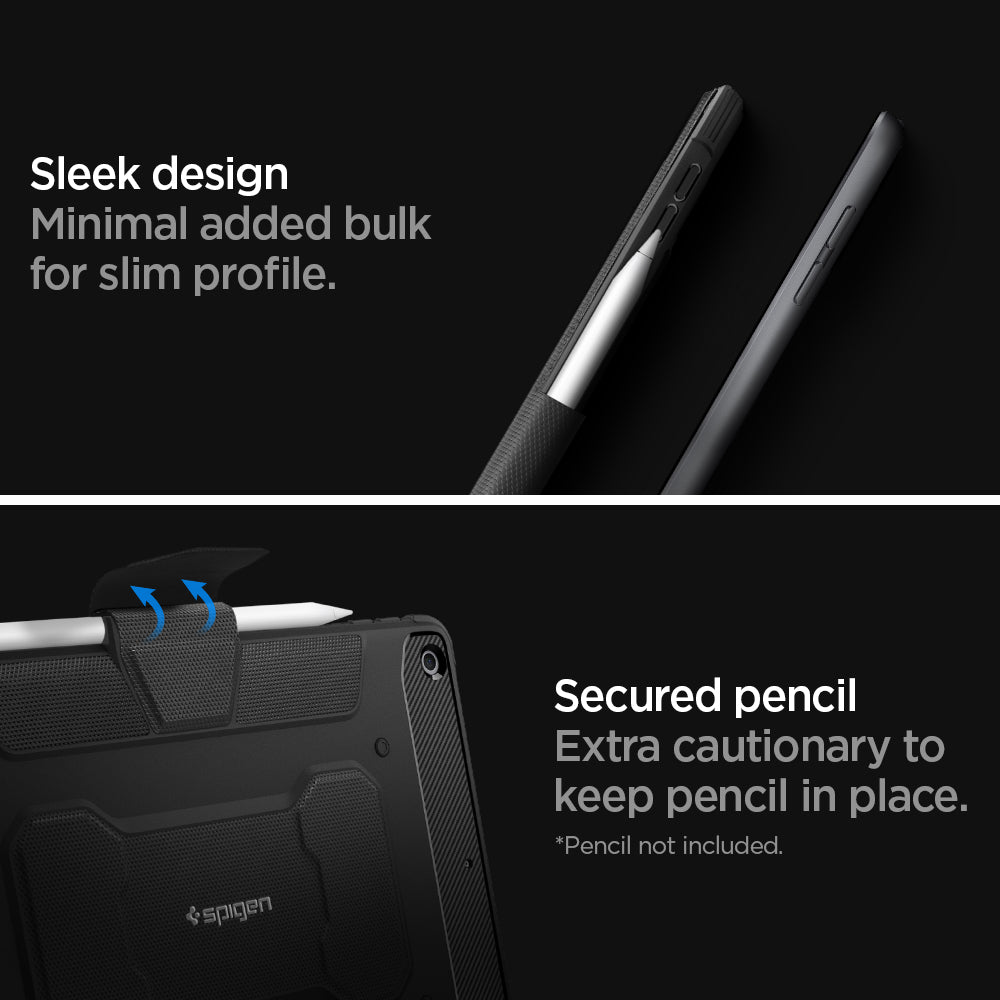 ACS01216 - iPad 10.2" Case Rugged Armor Pro in black showing the sleek design. Minimal added bulk for slim profile. Extra cautionary to keep pencil in place