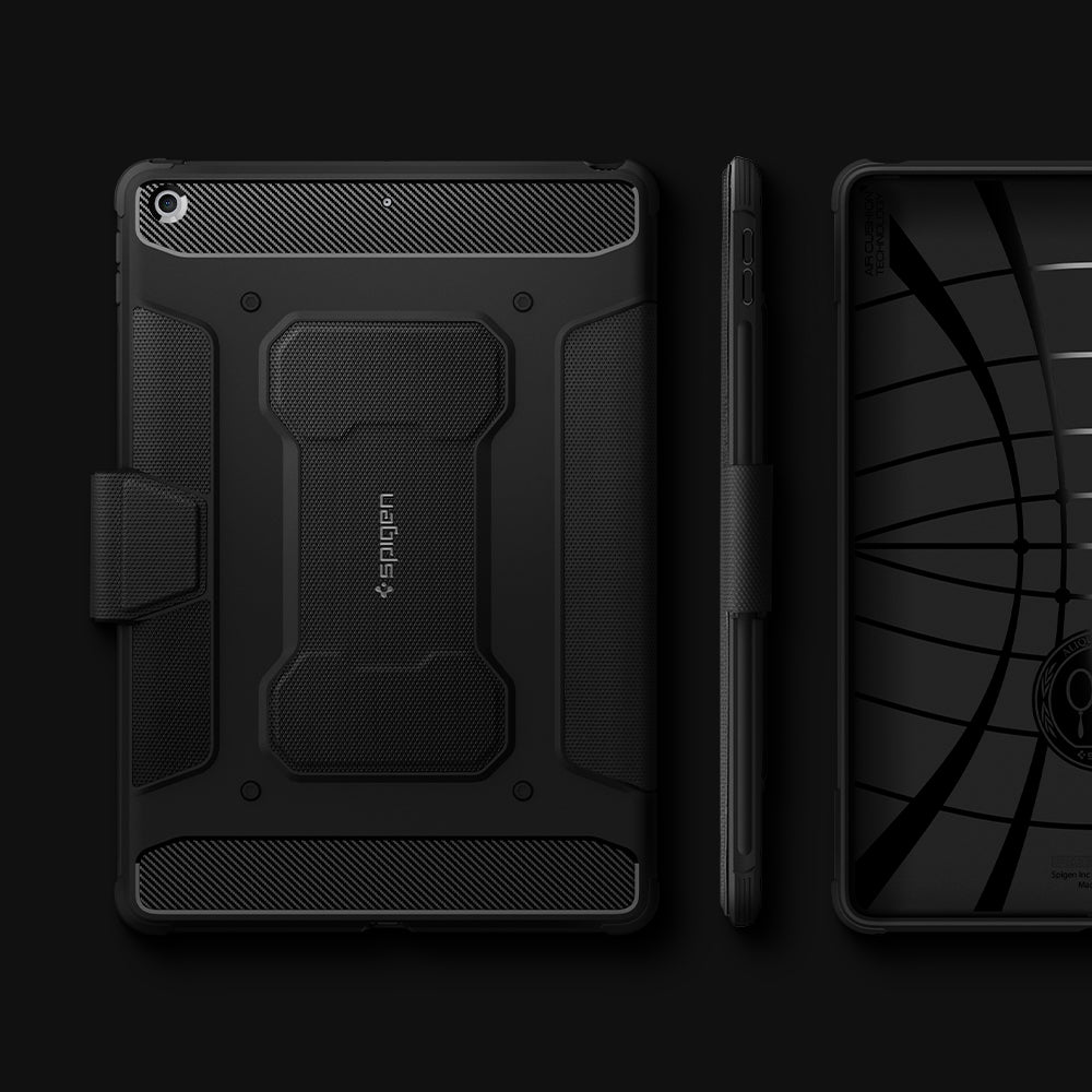 ACS01216 - iPad 10.2" Case Rugged Armor Pro in black showing the back, side and partial inner