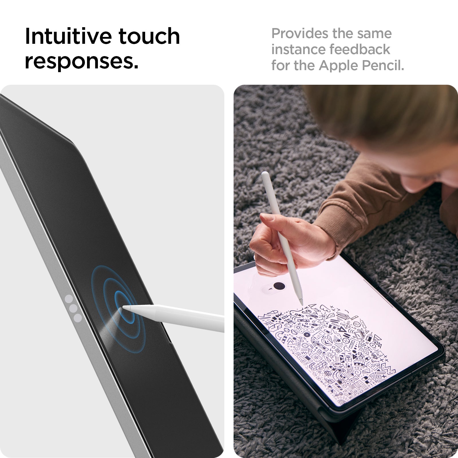 AFL05537 - iPad 10.2-inch (2021) Glas.tR SLIM in Clear showing the intuitive touch responses. Provides the same instance feedback for the Apple Pencil