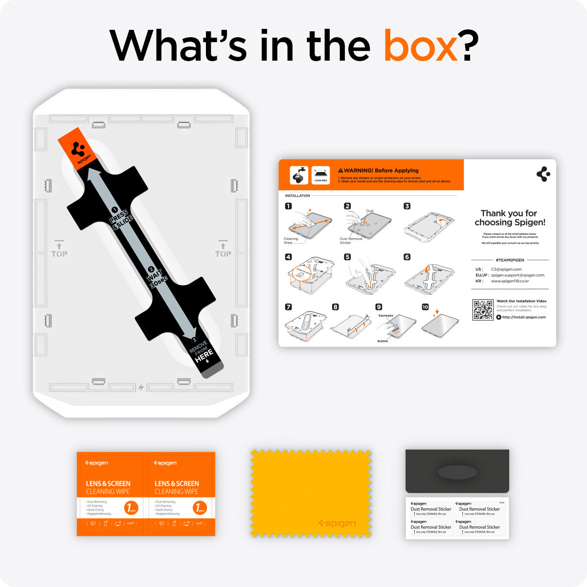 AGL05554 - iPad 10.9" Screen Protector EZ FIT GLAS.tR showing what's in the box? Installation tray with screen protector, installation guide, cleansing wipe, microfiber cloth and dust removal sticker
