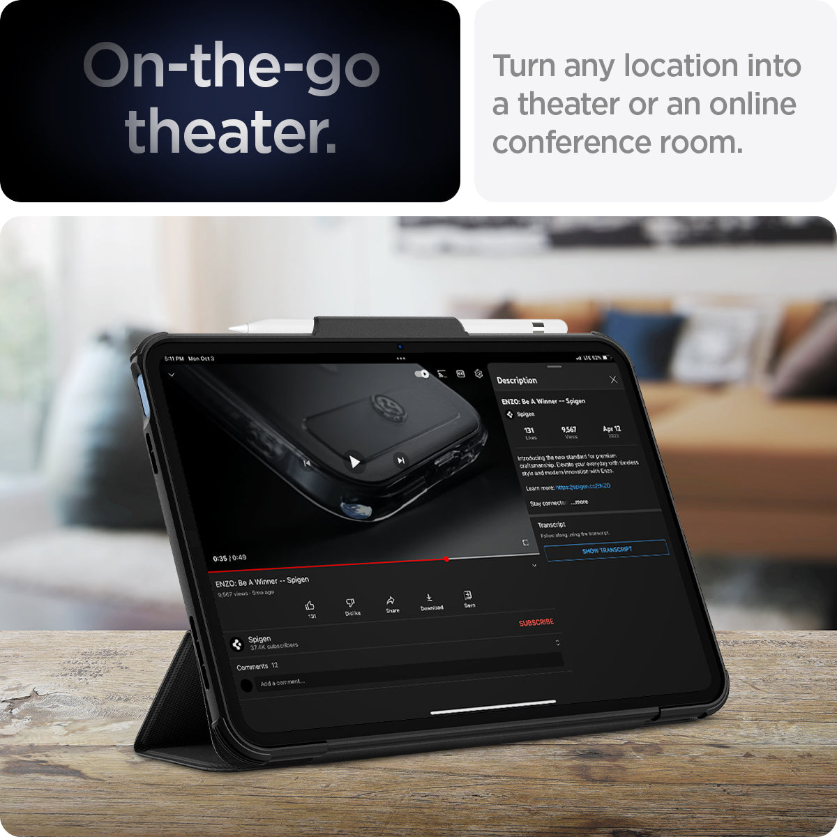 ACS05417 - iPad 10.9" Case Rugged Armor Pro in black showing the on-the-go theater. Turn any location into a theater or an online conference room