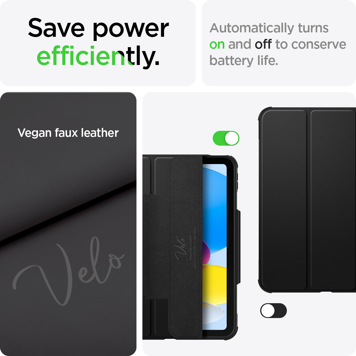 ACS05417 - iPad 10.9" Case Rugged Armor Pro in black showing the efficiently saves power. Automatically turns on and off to conserve battery life made with Vegan faux leather