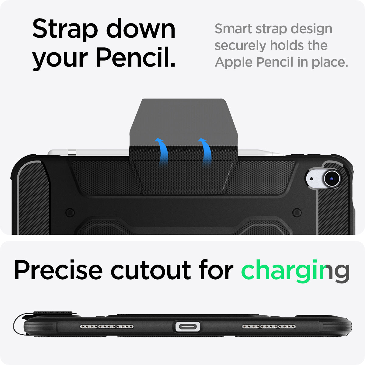 ACS05417 - iPad 10.9" Case Rugged Armor Pro in black showing the strap down your Pencil. Smart strap design securely holds the Apple Pencil in place. Precise cutout for charging