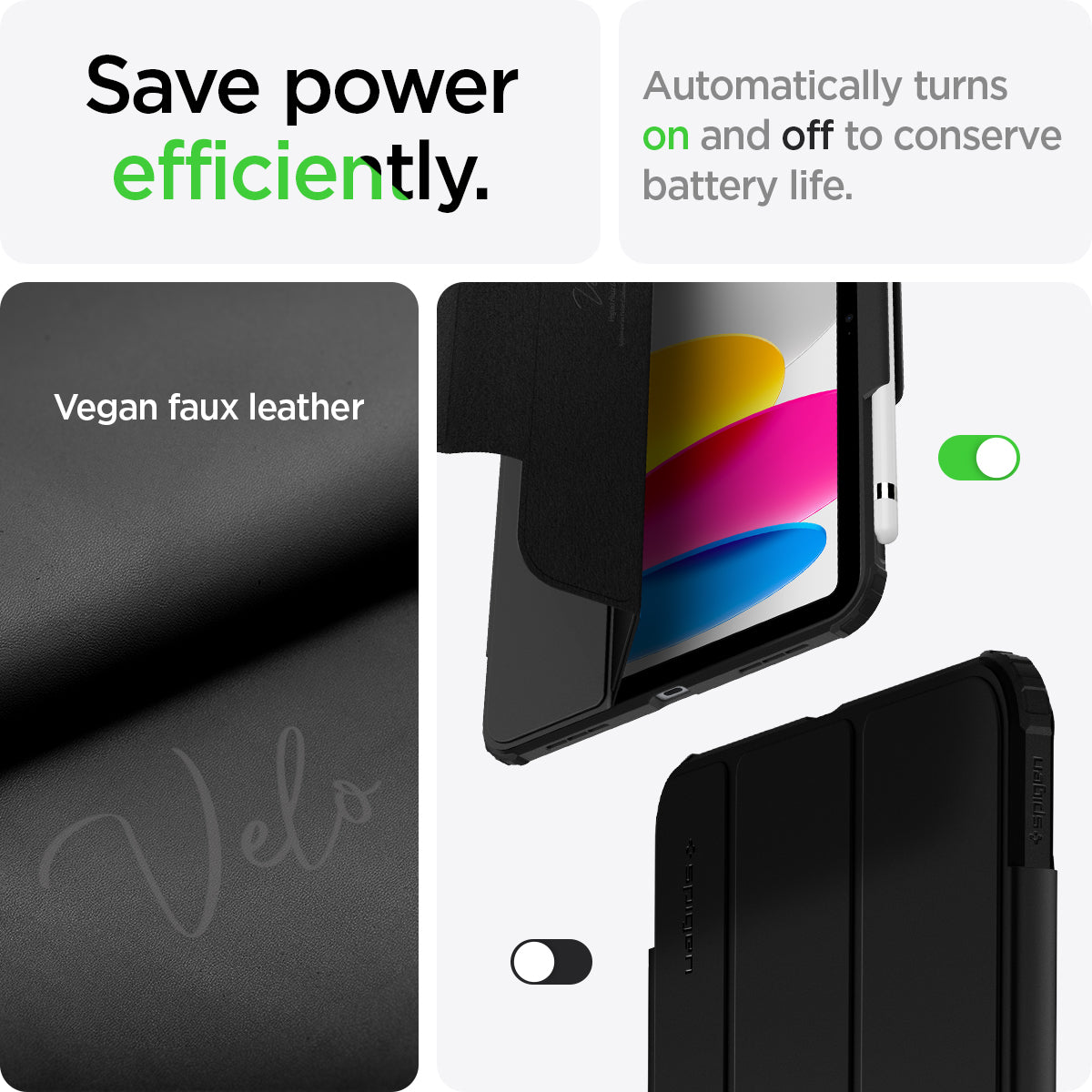 ACS05416 - iPad 10.9" Case Ultra Hybrid Pro in black showing saving power efficiently. Automatically turns on and off to conserve battery life