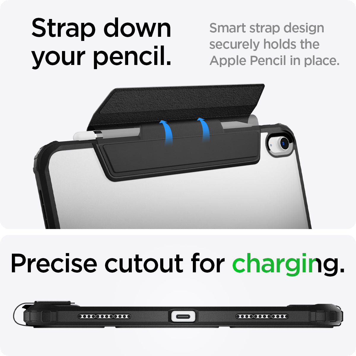 ACS05416 - iPad 10.9" Case Ultra Hybrid Pro in black showing the strap down your pencil. Smart strap design securely holds the Apple Pencil in place. Precise cutout for charging