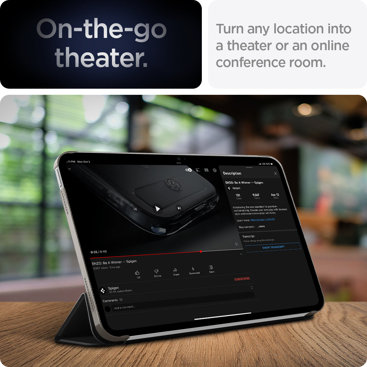 ACS05415 - iPad 10.9" Case Liquid Air Folio in black showing the on-the-go theater. Turn any location into a theater or an online conference room
