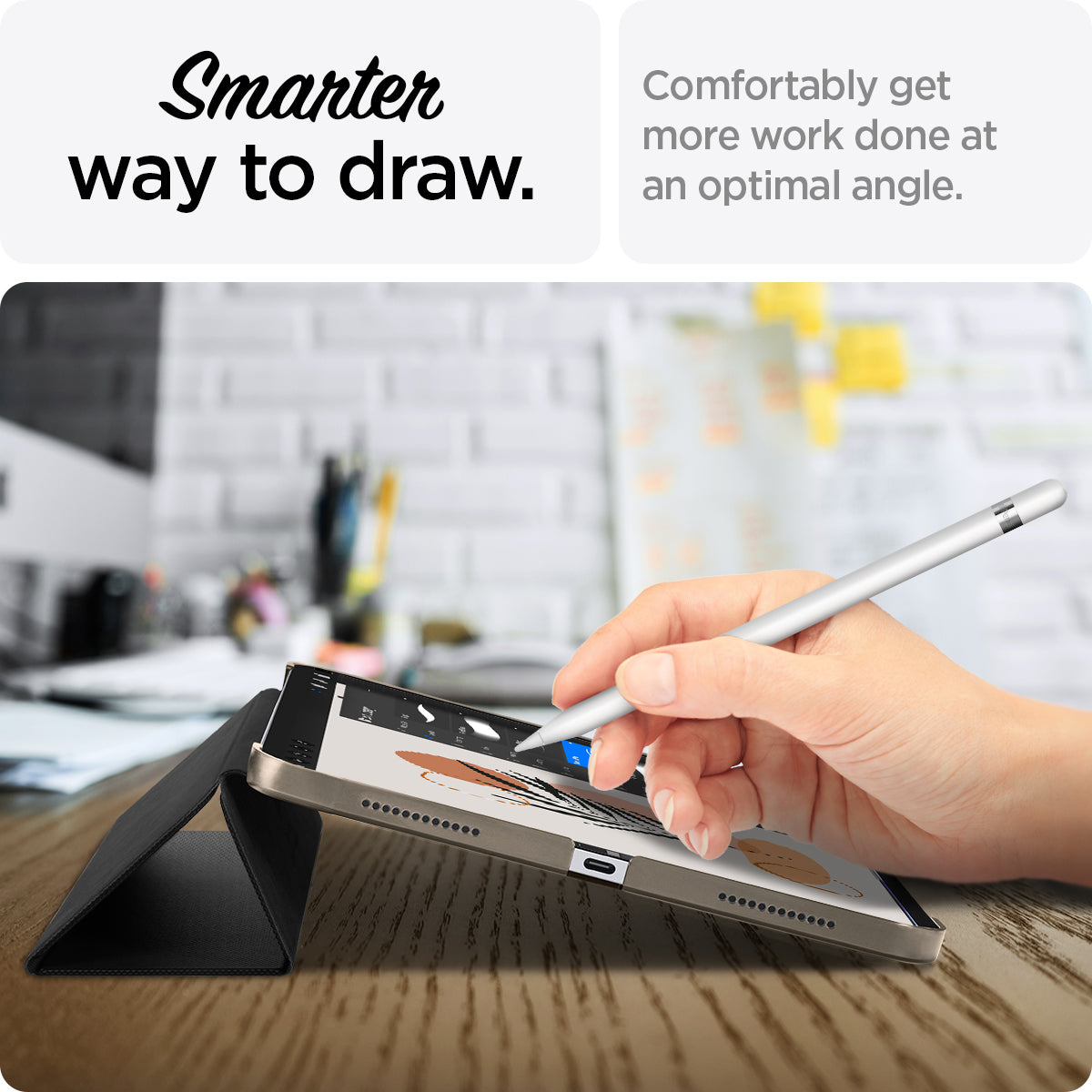 ACS05415 - iPad 10.9" Case Liquid Air Folio in black showing the smarter way to draw. Comfortably get more work done at an optimal angle
