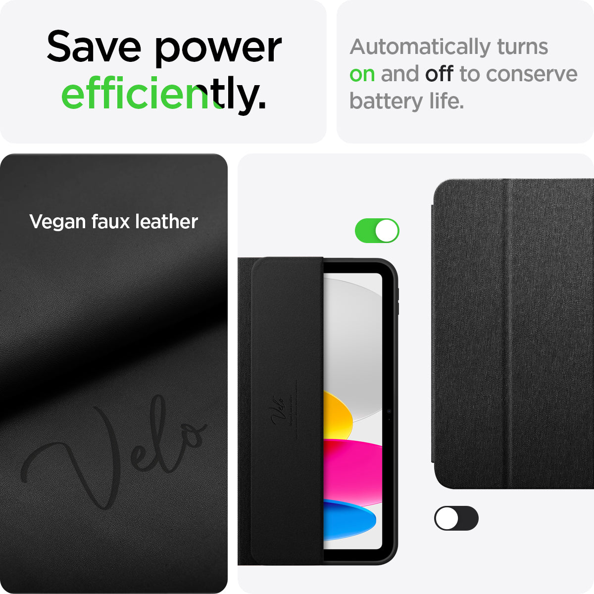 ACS05306 - iPad 10.9" Case Urban Fit in black showing efficiently saves power. Automatically turns on and off to conserve battery life made with Vegan faux leather 