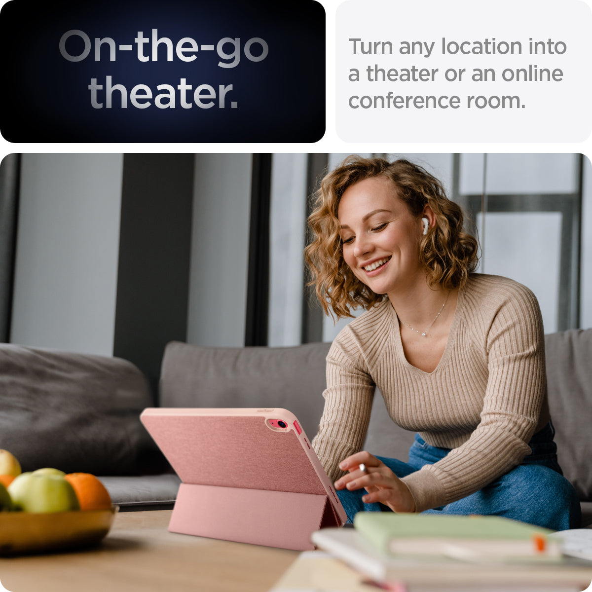 ACS05307 - iPad 10.9" Case Urban Fit in rose gold showing the on-the-go theater. Turn any location into a theater or an online conference room