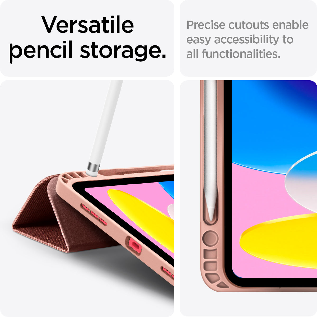 ACS05307 - iPad 10.9" Case Urban Fit in rose gold showing the versatile pencil storage. Precise cutouts enable easy accessibility to all functionalities