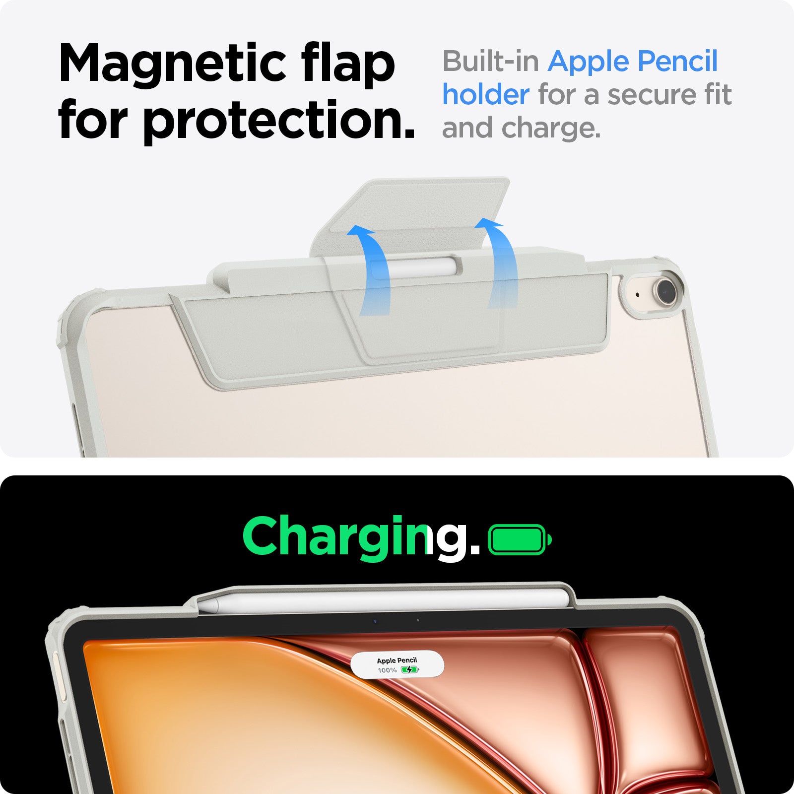 ACS06074 - iPad Air 10.9" Case Air Skin Pro in gray showing the magnetic flap for protection. Built-in Apple Pencil holder for a secure fit and charge