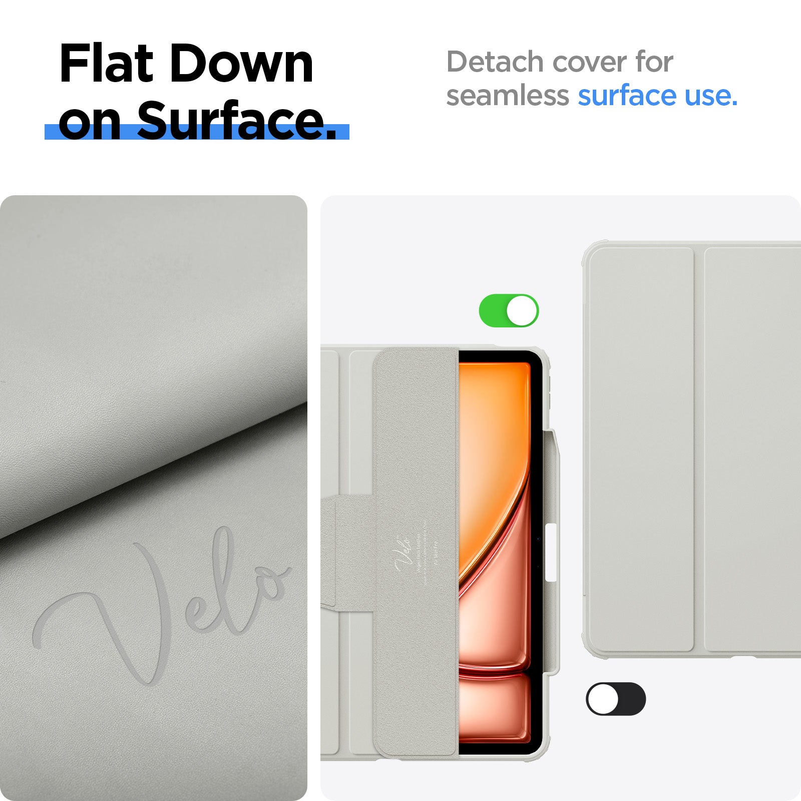 ACS06074 - iPad Air 10.9" Case Air Skin Pro in gray showing the flat down  on surface. Detach cover for seamless surface use