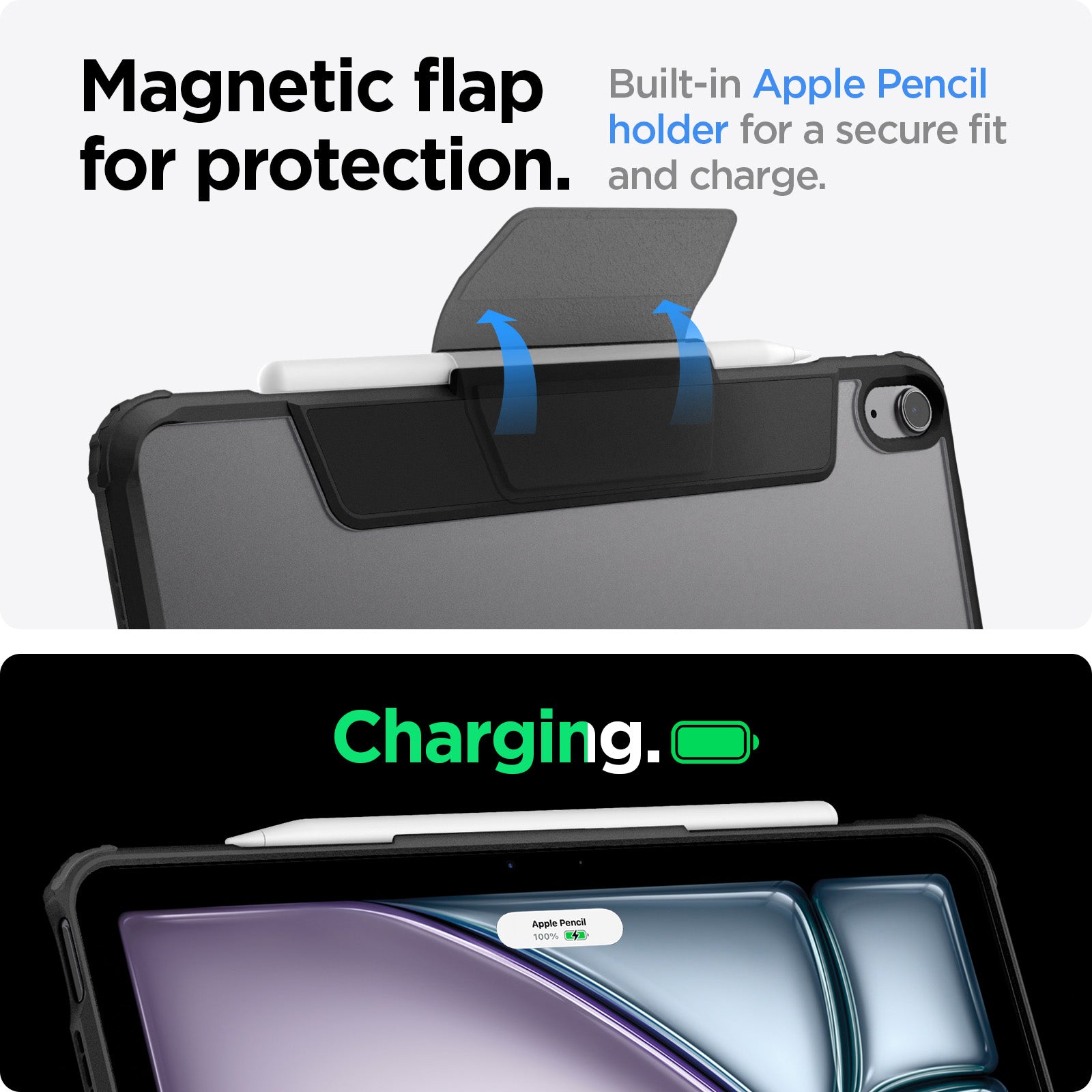 ACS07758 - iPad Air 11-inch (2024) Case Air Skin Pro in Black showing the magnetic flap for protection. Built-in Apple Pencil holder for a secure fit and charge