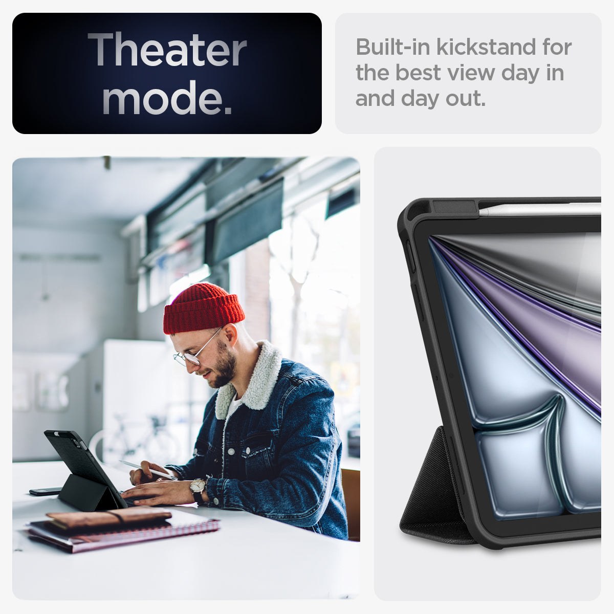 ACS07754 - iPad Air 10.9-inch (2022) Case Urban Fit in Black showing the theater mode. Built-in kickstand for the best view day in and day out 