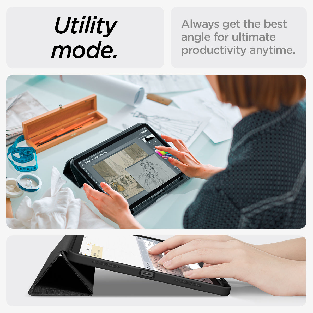 ACS07754 - iPad Air 10.9-inch (2022) Case Urban Fit in Black showing the utility mode. Always get the best angle for ultimate productivity anytime