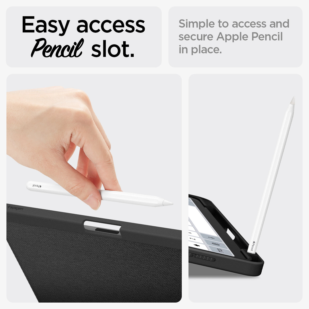 ACS07754 - iPad Air 10.9-inch (2022) Case Urban Fit in Black showing the easy access pencil slot. Simple to access and secure Apple Pencil in place