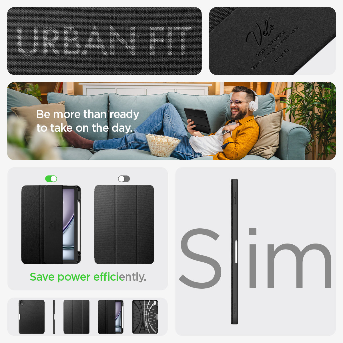 ACS07754 - iPad Air 10.9-inch (2022) Case Urban Fit in Black showing the urban fit slim feature and save power efficiently