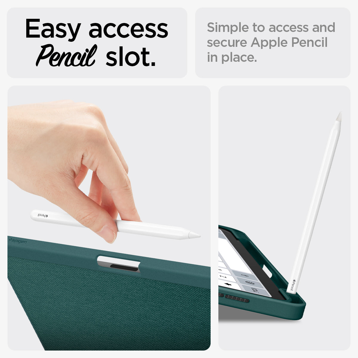ACS07755 - iPad Air 11-inch (2025/2024) Case Urban Fit in Midnight Green showing easy access pencil slot. Simple to access and secure Apple Pencil in place