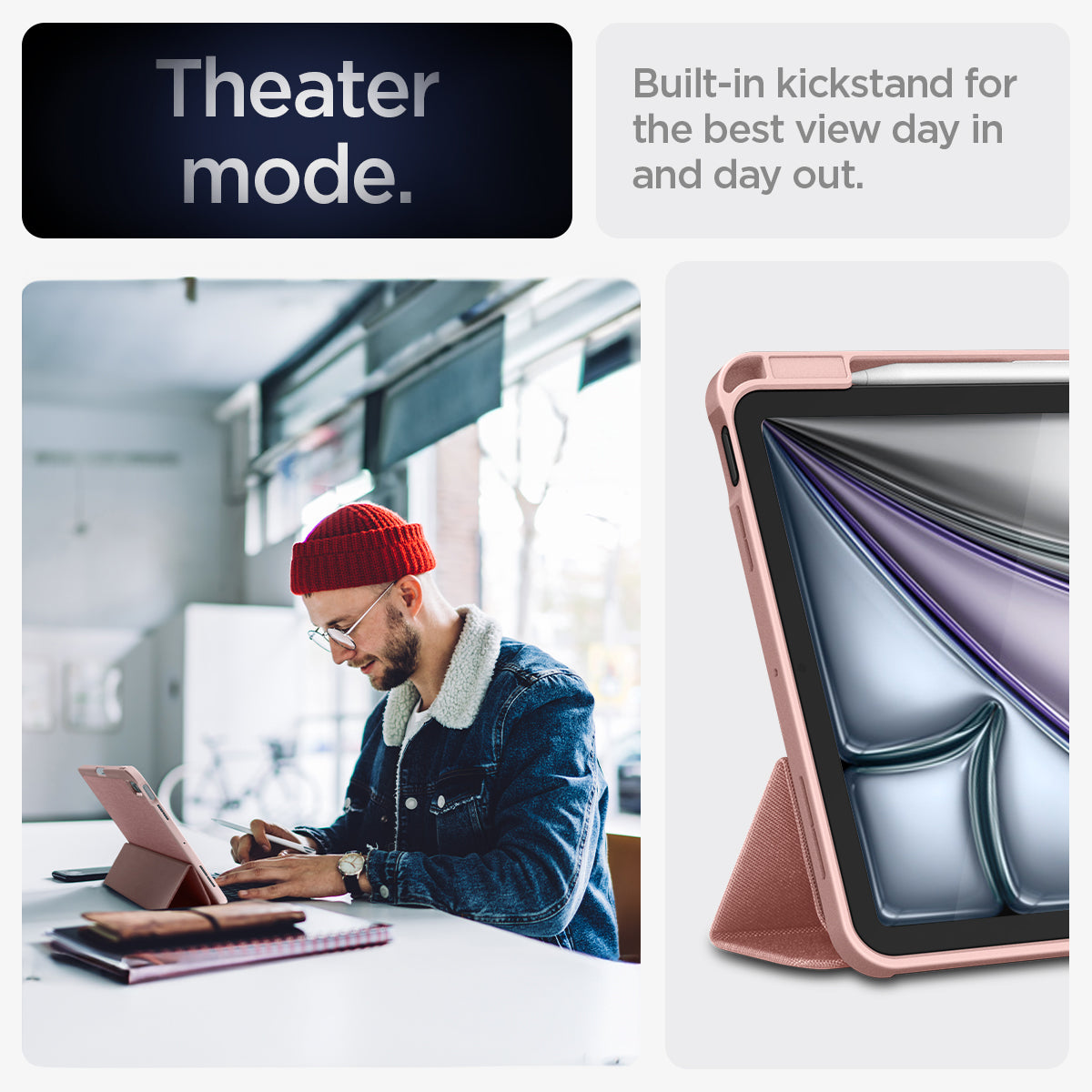 ACS07756 - iPad Air 11-inch (2025/2024) Case Urban Fit in Rose Gold showing the theater mode. Built-in kickstand for the best view day in and day out 