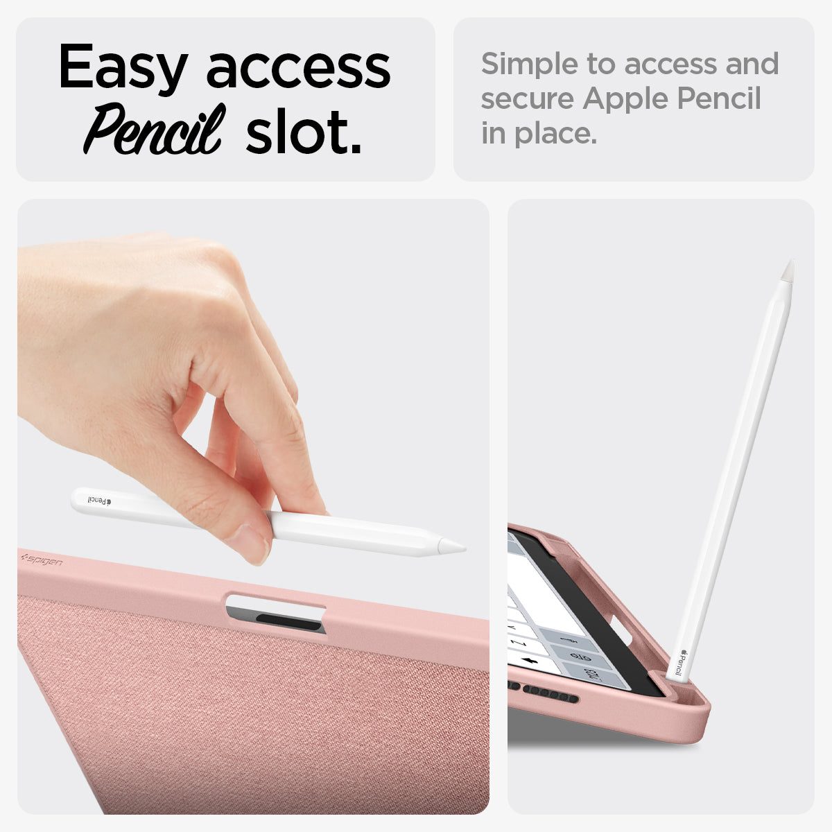 ACS07756 - iPad Air 11-inch (2025/2024) Case Urban Fit in Rose Gold showing the easy access pencil slot. Simple to access and secure Apple Pencil in place