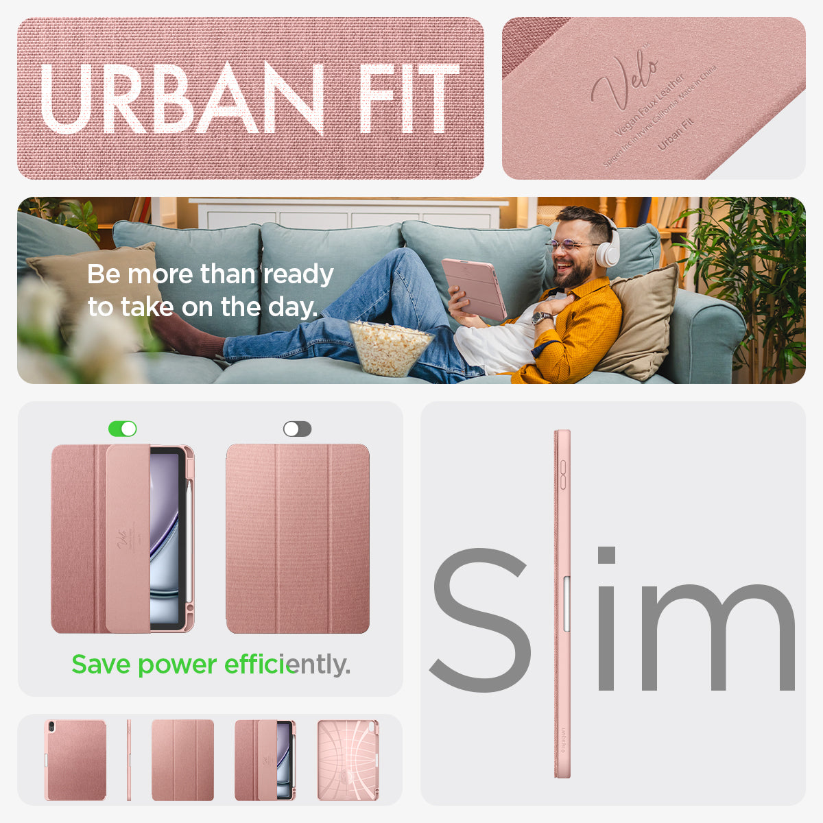 ACS07756 - iPad Air 11-inch (2025/2024) Case Urban Fit in Rose Gold showing the urban fit slim feature and save power efficiently