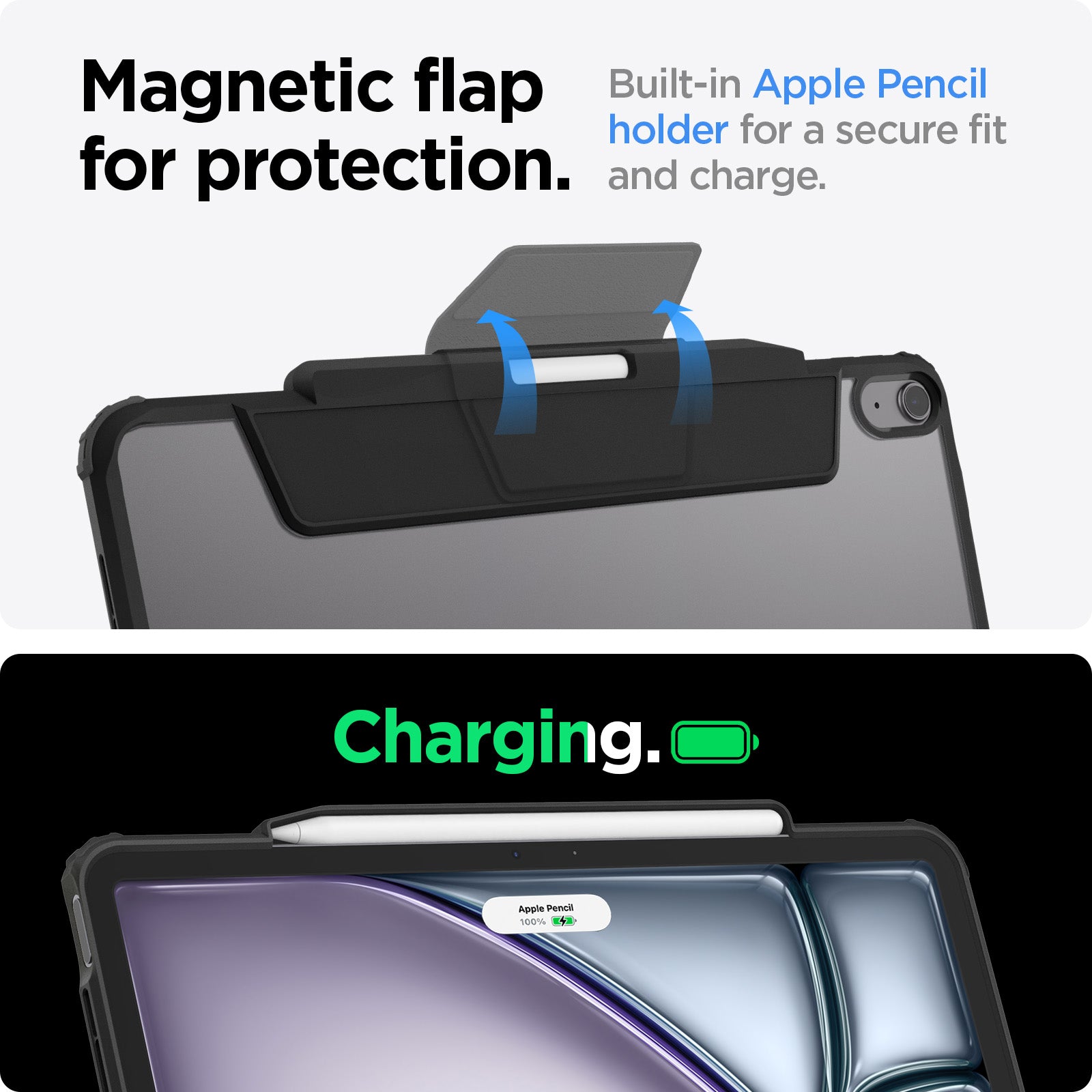 ACS07678 - iPad Air 12.9-inch Case Air Skin Pro in Black showing the magnetic flap for protection. Built-in Apple Pencil holder for a secure fit and charge