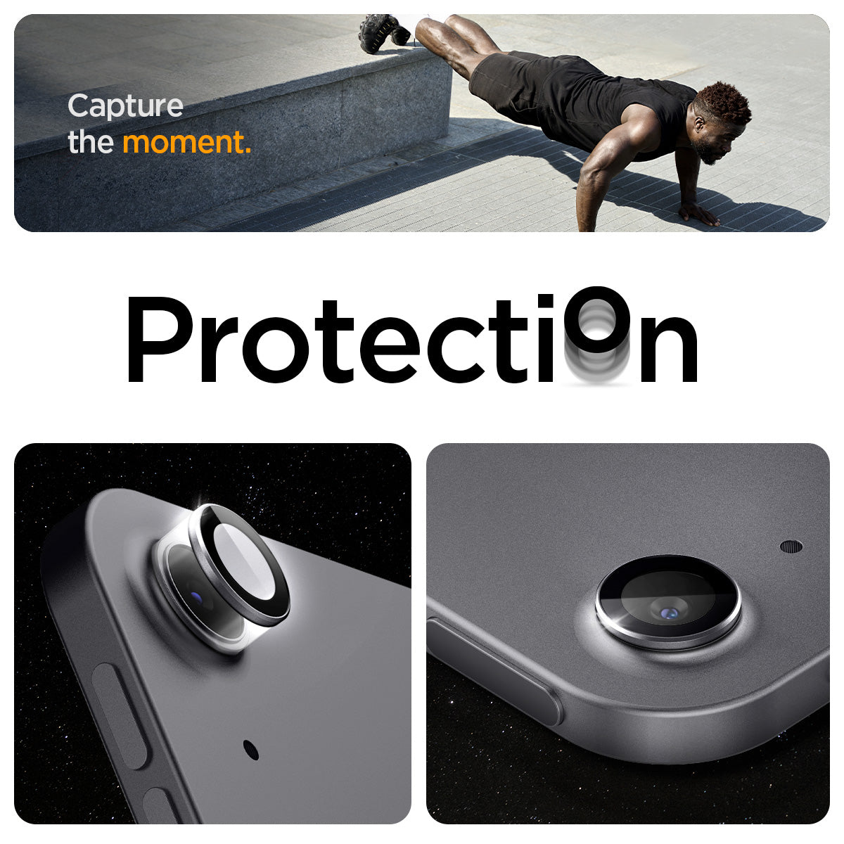 AGL07801 - Spigen Glas.tR EZ Fit Optik Pro lens protector on iPad Air 13 Space Gray showing camera protection with before and after close-up detail