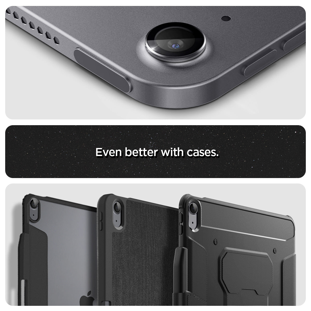 AGL07801 - Close-up of Spigen Glas.tR EZ Fit Optik Pro installed on iPad Air 13 Space Gray camera with case compatibility showcase