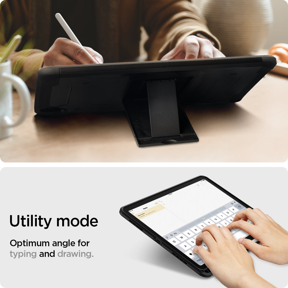 ACS02051 - iPad Air 10.9" (2022 / 2020) Case Tough Armor Pro in black showing the utility mode. Optimum angle for typing and drawing