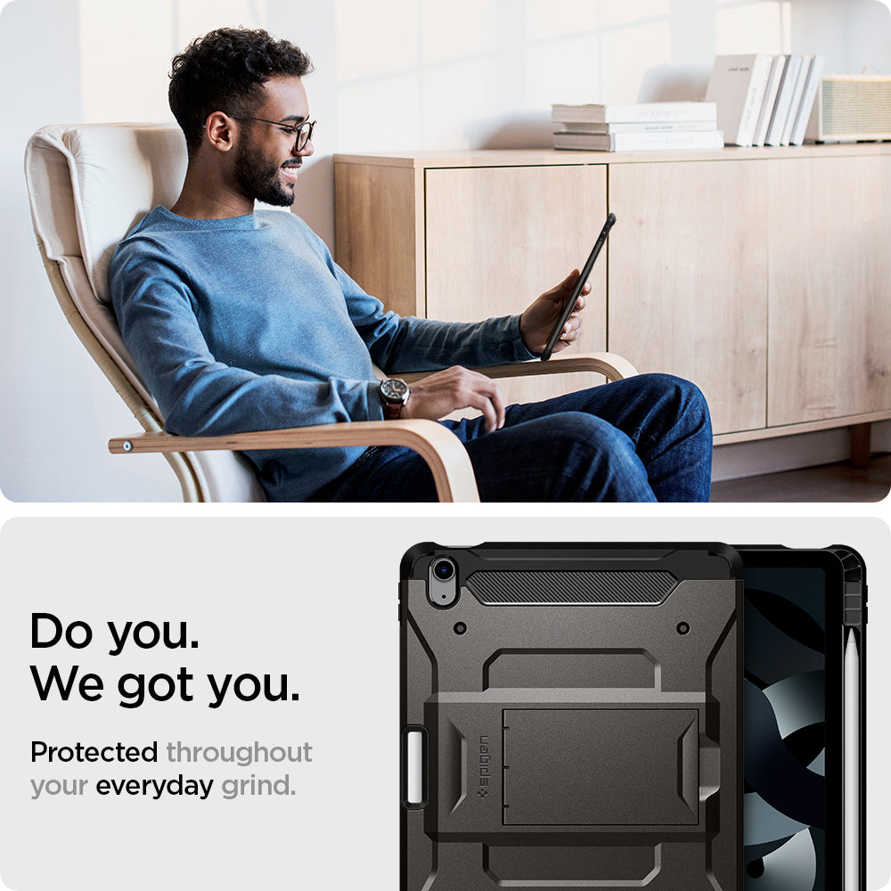 ACS02052 - iPad Air 10.9" (2022 / 2020) Case Tough Armor Pro in gunmetal showing the protection throughout your everyday grind