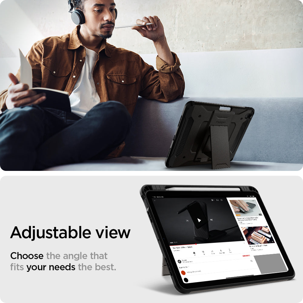 ACS02052 - iPad Air 10.9" (2022 / 2020) Case Tough Armor Pro in gunmetal showing the adjustable view. Choose the angle that fits your needs the best