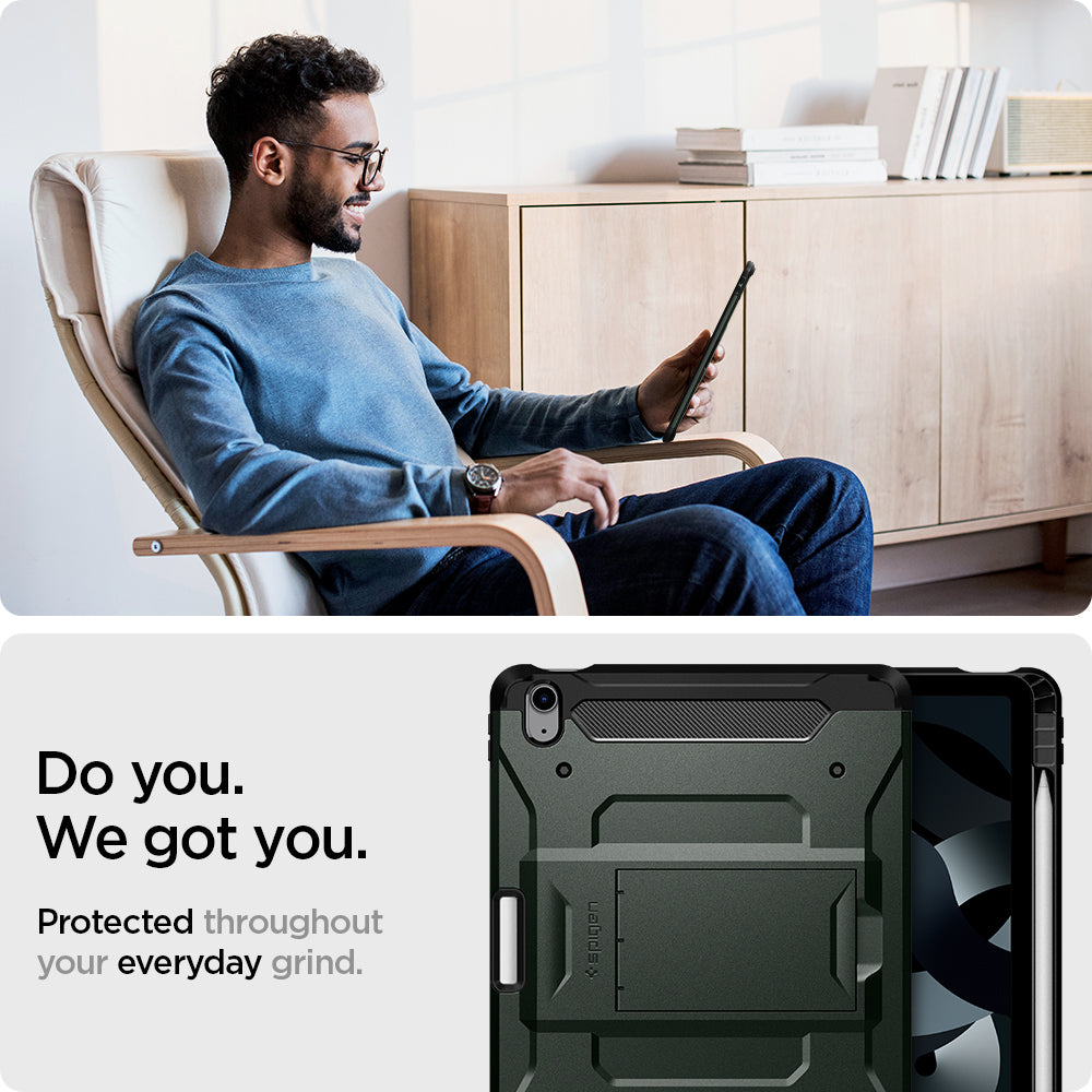 ACS02053 - iPad Air 10.9" (2022 / 2020) Case Tough Armor Pro in military green showing the protection throughout your everyday grind