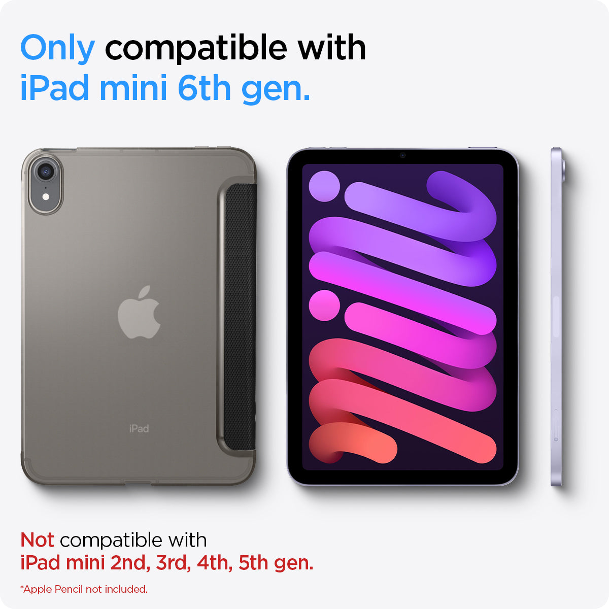 ACS03762 - iPad Mini 7 Liquid Air Folio showing compatibility infographic for iPad mini 6th generation only, not compatible with iPad mini 2nd, 3rd, 4th, or 5th generation