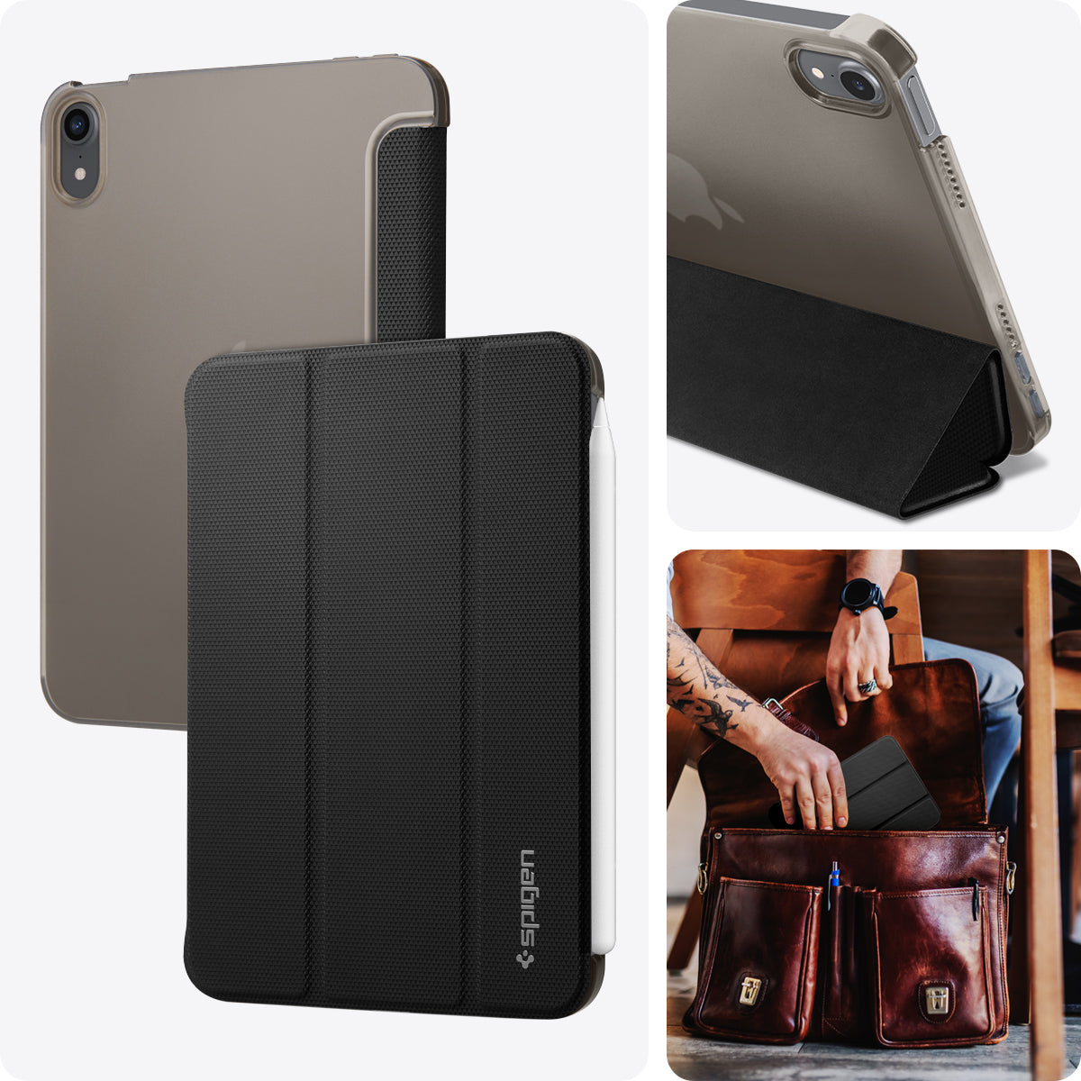 ACS03762 - iPad Mini 7 Liquid Air Folio showing a collage of the transparent back, stand mode, and a lifestyle shot of the case being placed into a leather bag