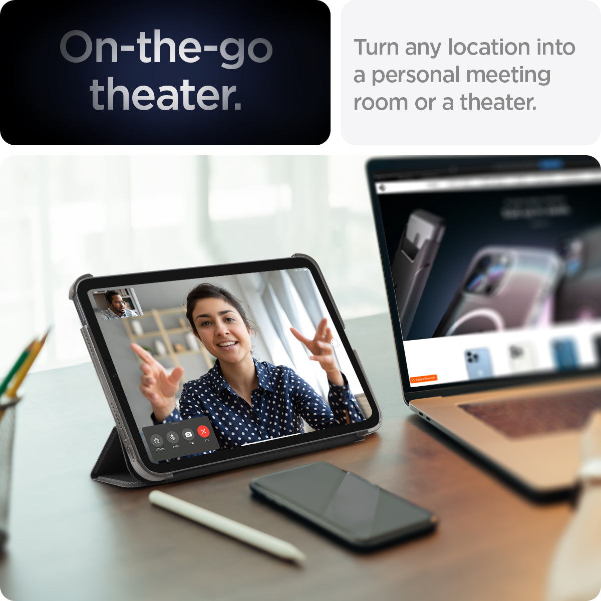 ACS03762 - iPad Mini 7 Liquid Air Folio showing the iPad mini 6 propped up for a video call on a desk with the tagline "On-the-go theater"