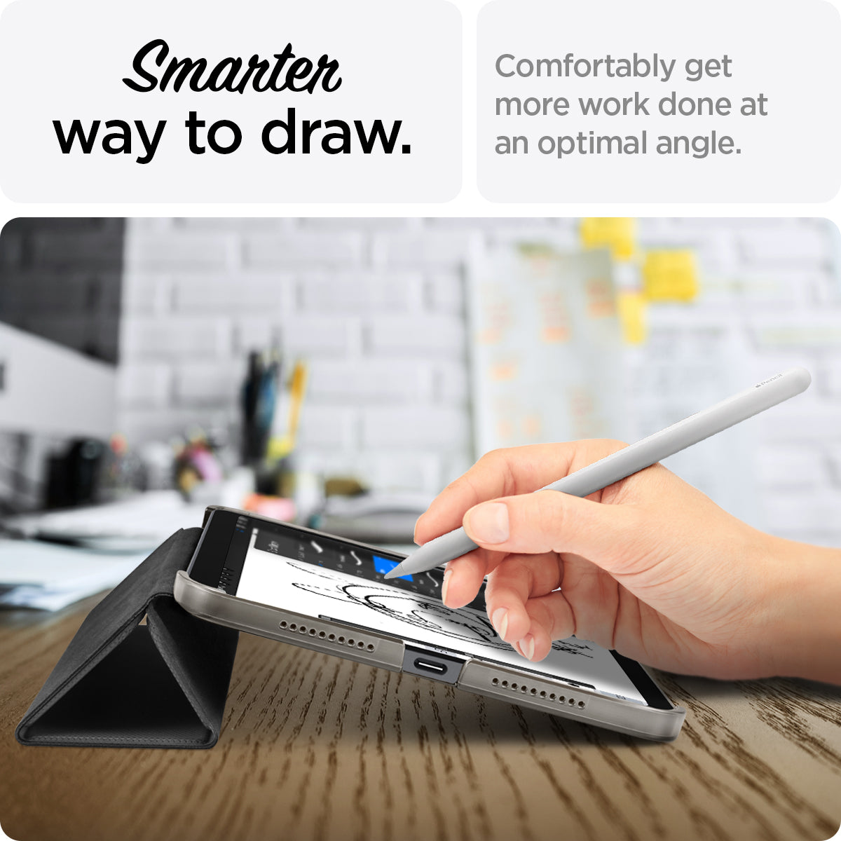ACS03762 - iPad Mini 7 Liquid Air Folio  showing a hand using an Apple Pencil on iPad mini 6 propped at a drawing angle with the tagline "Smarter way to draw"